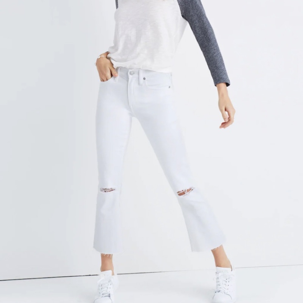Madewell Cali Demi-Boot Cut Crop Jeans in Pure White Distressed Edition-Size 27